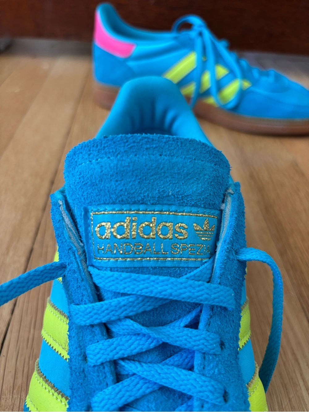 adidas Spezial Turquoise Sneakers with Neon Yellow Stripes & Pink Heel - Picture 2 of 7